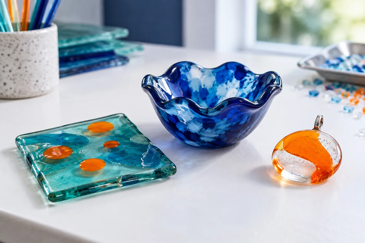 A simple glass tile, blue bowl and orange pendant on a studio table