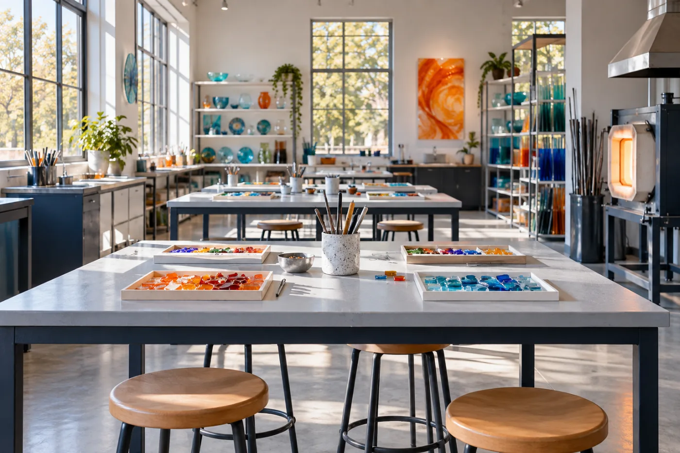 A bright art classroom with glass materials arranged at workstations