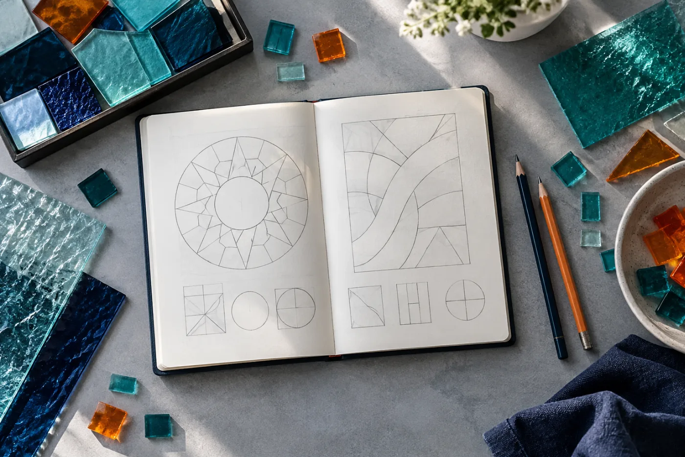 Geometric mosaic sketches beside pencils and colored glass samples
