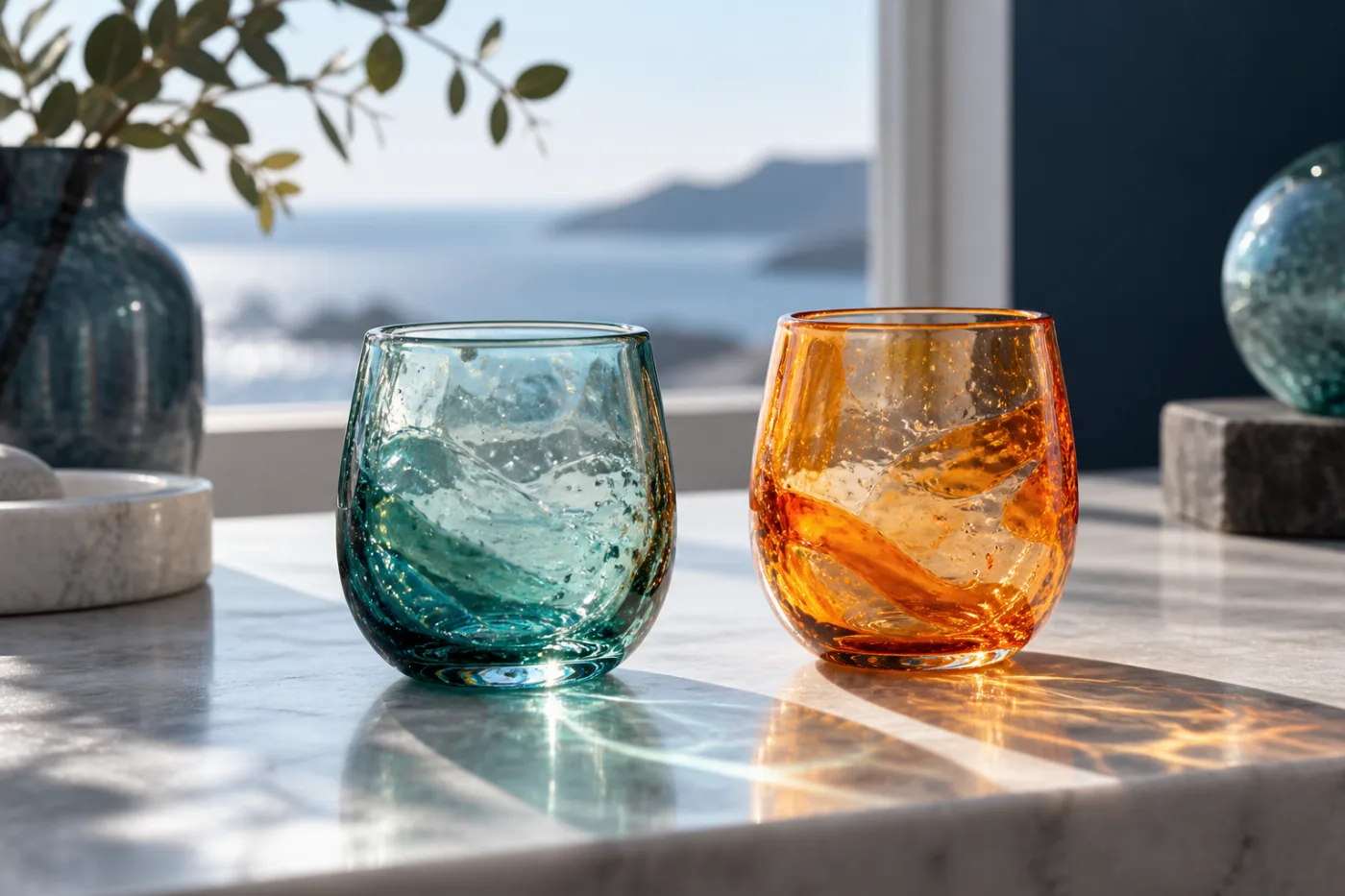 Teal and orange handblown-style glasses beside a sunlit window