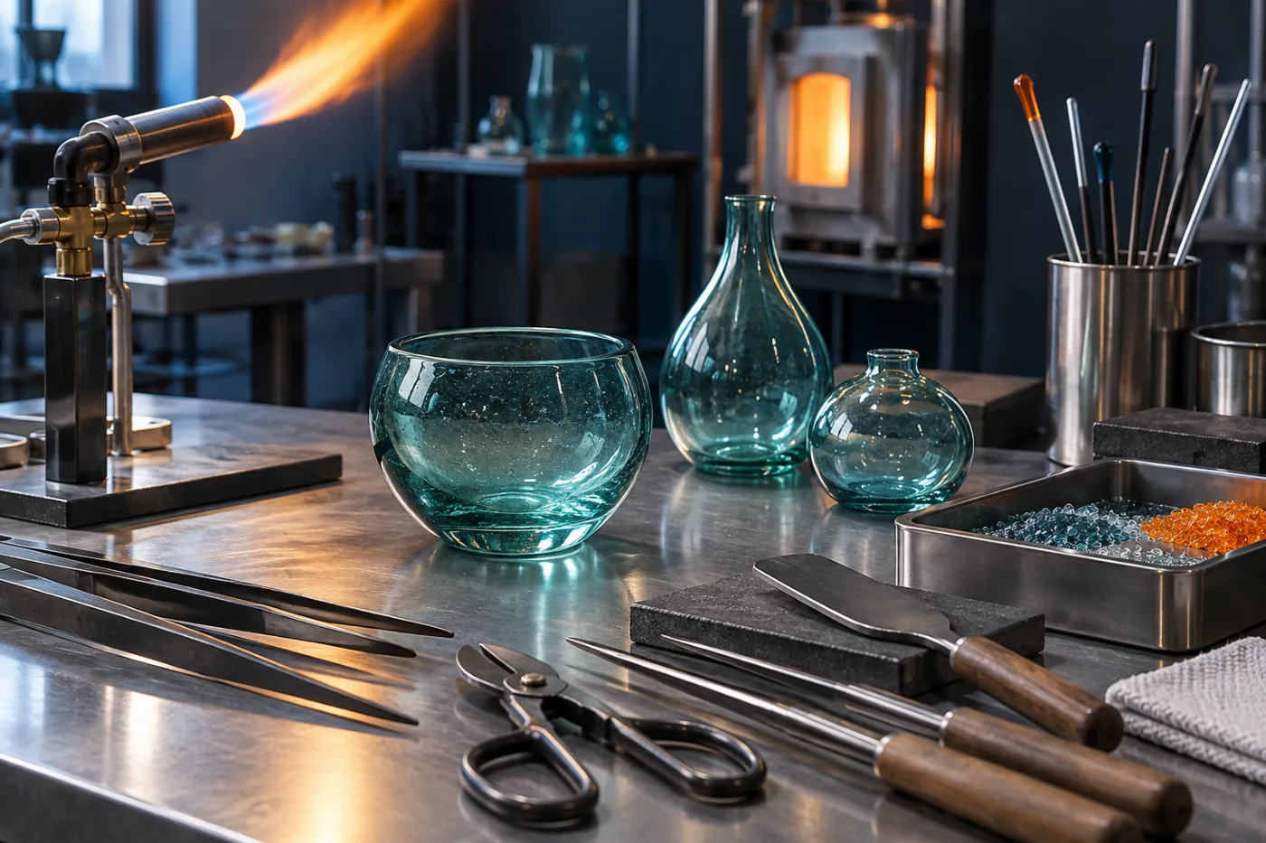 Glassmaking tools and teal glass vessels on a steel workbench