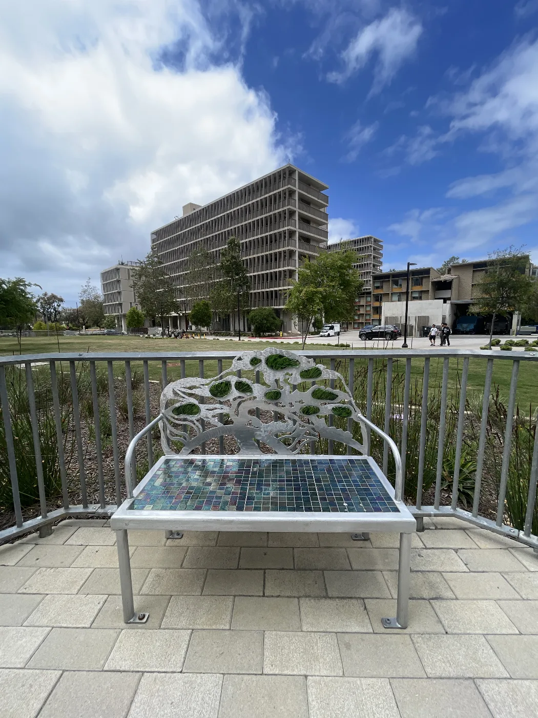 Torrey Sunset glass and metal art bench at UC San Diego